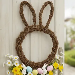 12-inch simulated rattan bunny wreath, retro country style, suitable for Easter decoration, home holiday decoration, wedding decoration, Valentine's Day gift, holiday party hanging, DIY homemade wreath