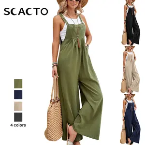 Scacto Women's Asian Style 1-Piece Strappy Sleeveless Minimalist Casual Jumpsuit - Comfortable Loose Wide Leg Overalls for Women, Adjustable Shoulder Straps, Pockets, Solid Color, Summer Beach Wear