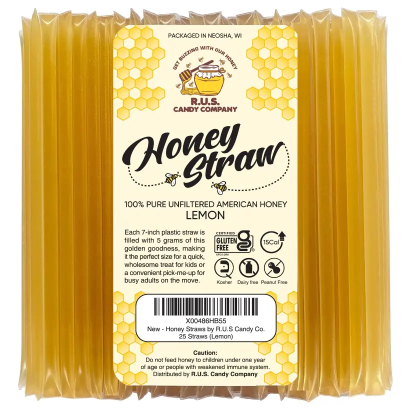25 Pack Honey Sticks For Tea, Snacking, Honey Straws Packets Single Serve Stir Sticks, Natural Flavor by R.U.S Candy Company- (Lemon)