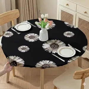 Elegant Elastic Round Tablecloth, Bottom Silver Color Daisy Print, Easy Install Clean Reusable, Multiple Sizes for Indoor Outdoor Use
