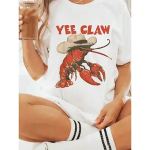 Cowboy Crawfish Vintage Oversized Graphic T-Shirt, Print, Beachwear Summer Western Style Lobster Tee Casual Streetwear Women Comfortable Loose Fit Summer Top