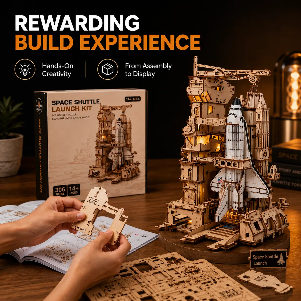 ROBOTIME Wooden Space Shuttle 3D Interlocking Puzzle Model Kit - USB-Powered, Button-Activated STEM Fun Construction Toy with LED Flame Launch, 6-Flash Tower Lights, Moving Parts, DIY Science Transport, Stress-Relief Assembly, Graduation Gift for Adults