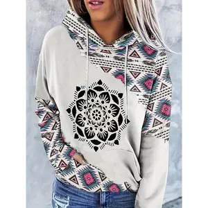 Vibrant Aztec Print Kangaroo Pocket Hoodie - Soft, Casual, Long Sleeve Drawstring Sweatshirt with Relaxed Fit - Women's Fashionable Clothing for Everyday Wear