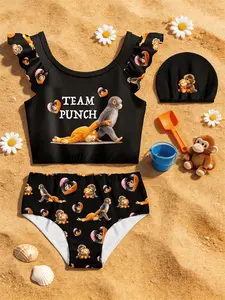 Monkey Punch Graphic Baby Monkey Holding Plush Toy Girls' Cute Cartoon Swimwear Set, Macaron Color Bikini + Swimsuit Bottoms, Spring Summer Fashion, Birthday Gift Essential