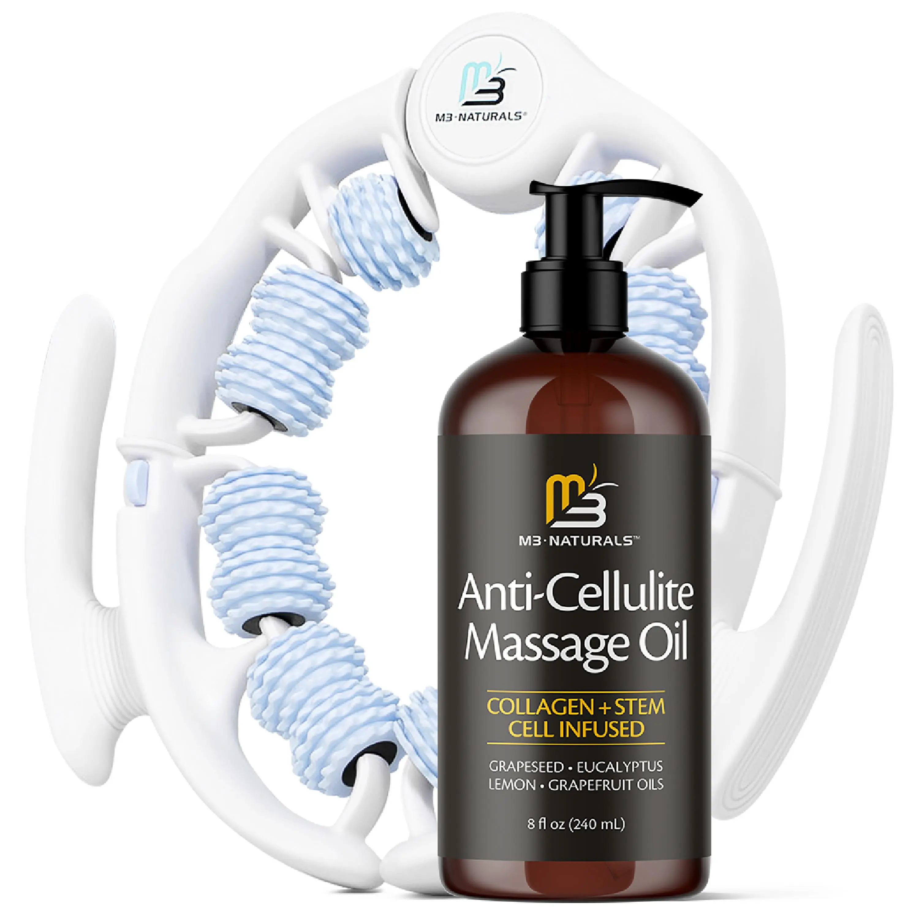 Anti Cellulite Oil and Lymphatic Drainage Massager Kit | Fascia Blaster for Contoured & Smoother Skin | Muscle Roller for Sore Arms, Legs, and Stomach, 8 fl oz by M3 Naturals Skin Tightening Oil Body Oil Set