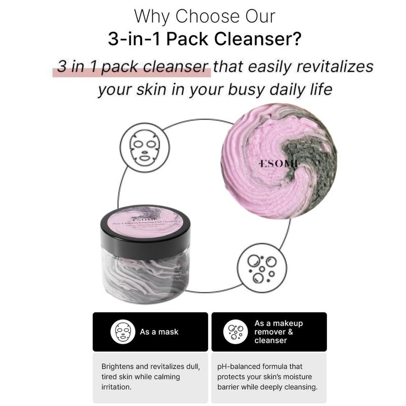 ESOMI Rose and Bamboo Whipping Pack Cleanser-3-in-1 Facial Pack & Makeup Remover & Deep Cleanser, pH-Balanced Formula for Gentle Cleansing, with a rose and charcoal, Korean Beauty - 100ml / 3.38FL.OZ.