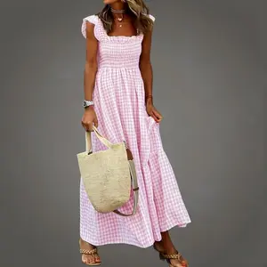 Women's Retro Plaid Maxi Dress – Smocked Bodice Spaghetti Strap Long Dress with Pockets, Flowy Bohemian Summer Evening & Party Outfit
