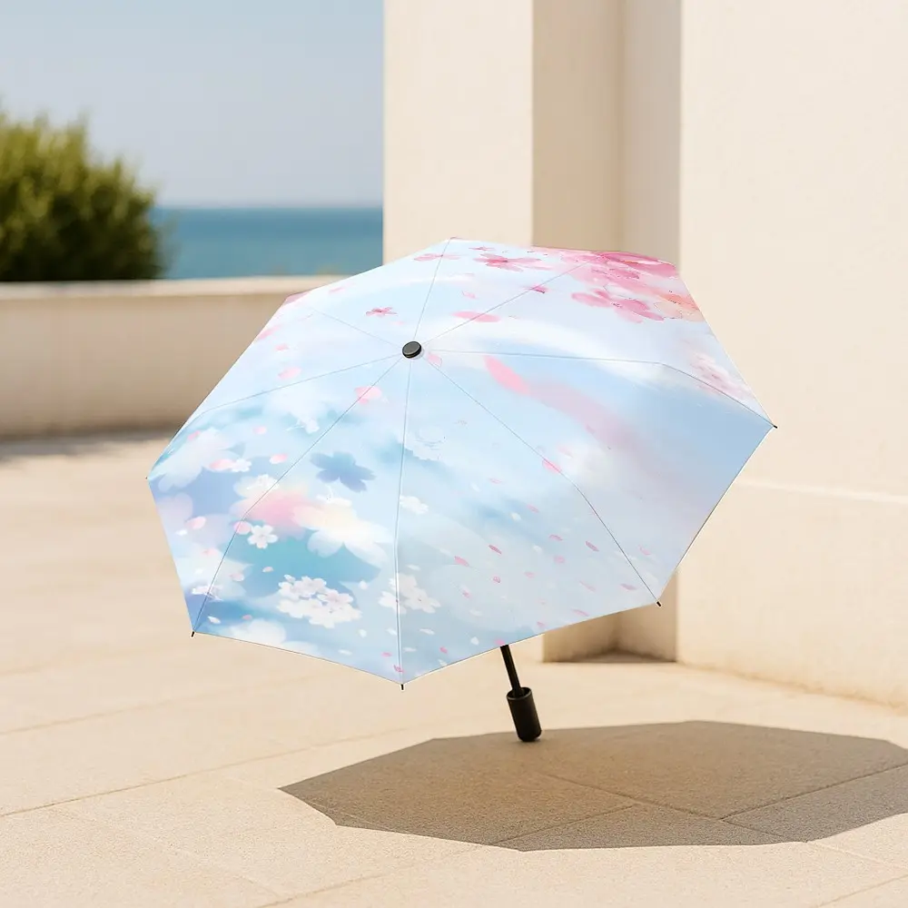 Spring Water Cherry Blossom Pattern Automatic Folding Umbrella, Lightweight Compact Travel Umbrella, 8-Rib Solid Frame, Unisex, Portable Outdoor Accessory