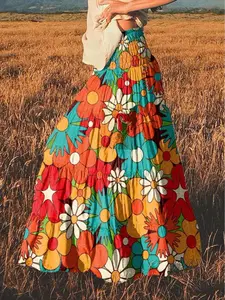 【Plus Size】 Floral Print Shirred Waist Flared Skirt, Boho Fashion Casual Long Skirt for Daily Holiday Vacation Wear, Street Fashion Skirt, Women's Bottoms for All Seasons, Boho Casual Skirts, Boho Hippie Skirt