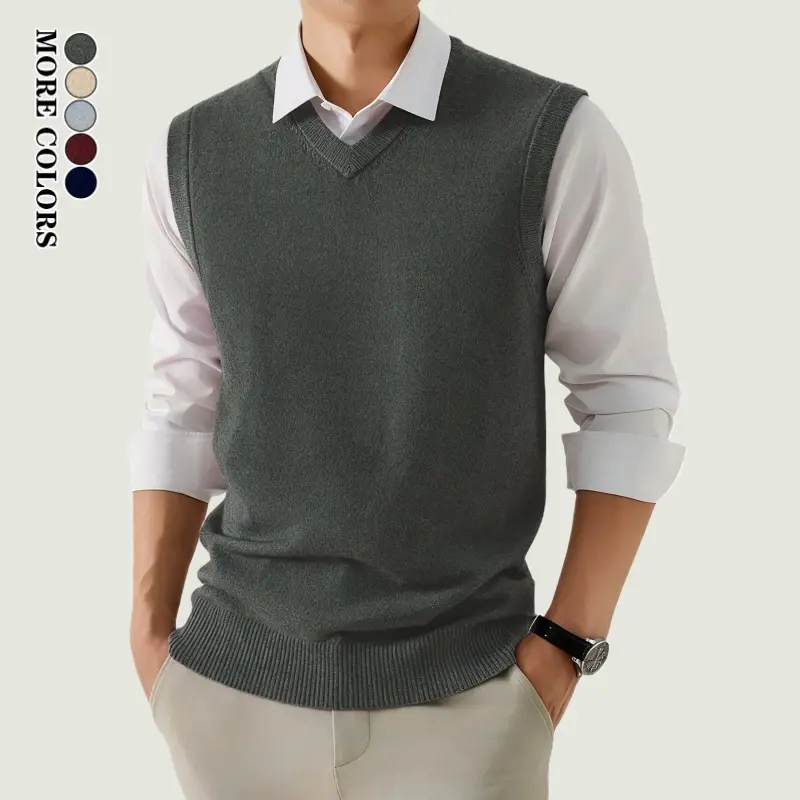 Men’s Retro V-Neck Casual Sweater Vest - Solid Color, Slightly Stretchy, Elegant Sleeveless Pullover for Autumn Winter Everyday Commuting, Outdoor Activities