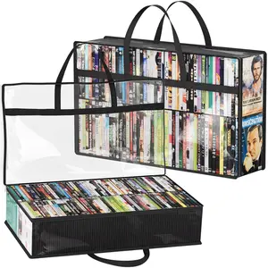 DVD Storage Bags, Clear PVC Plastic DVD Organizer with Handles and Zipper, Media Holder for Blu Ray Disc, Movie Cases, VHS Box, Video Game Disks, Albums, Books, Holds 180 DVDs (90 Each) 2 Pack