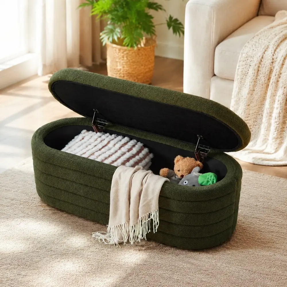 Littleox Modern Oval Storage Ottoman Bench, Upholstered Boucle Teddy Fabric End of Bed Bench with Storage, End of Bed Stool with Safety Hinge for Bedroom, Living Room, Entryway, Dark Green
