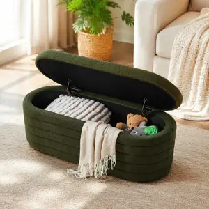 Littleox Modern Oval Storage Ottoman Bench, Upholstered Boucle Teddy Fabric End of Bed Bench with Storage, End of Bed Stool with Safety Hinge for Bedroom, Living Room, Entryway, Dark Green