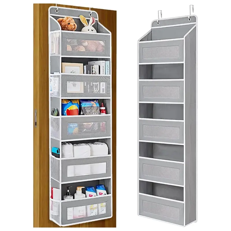Over the Door Organizer with 5 Front Pockets and 5 Mesh Side Pockets,Extra Large Hanging Organizer for Over the Door Storage in Bedroom, Bathroom, Pantry, Nursery (Grey)