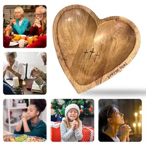 Wooden Heart Shaped Prayer Bow, Handcrafted Vintage Prayer Bowl with Cross & Letter Pattern, Prayer Bowl with 24 Prayer Cards, Religious Decorations for Home Living Room Bedroom Church Decor Ornaments