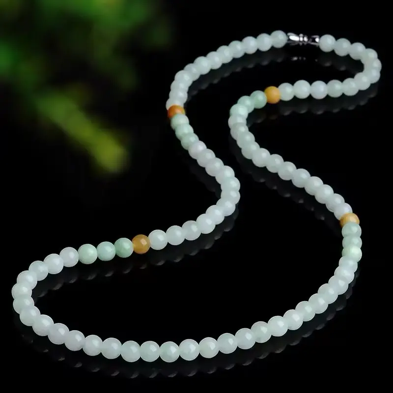 Natural Grade‑A Jade Beaded Necklace, Genuine Burmese Jadeite Round Beads Strand Necklace with Yellow‑Green Accent Beads, Hand‑Knotted Jewelry for Women Daily Wear