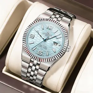 Men's Luxury Silver Stainless Steel Quartz Watch - Ice Blue Textured Dial with Fluted Bezel, Date Display, Luminous Hands, Elegant Business Dress Wristwatch, Perfect Gift for Him