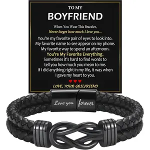 Gifts for Men- 8.5" Black Braided Leather Infinity Knot Bracelets for Him Husband Boyfriend, Personalized Mens Bracelet Jewelry Gift for Birthday Christmas Anniversary Valentine's Day