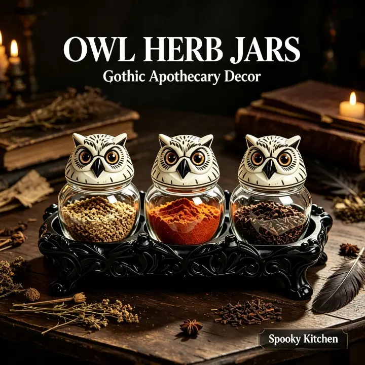 3-Piece Spice Jar Set with Tray - Vintage Cottagecore Glass Containers, Handcrafted Ceramic Owl Lids, Cute Design for Everyday Use, Charming Kitchen Gift That Gets Reactions, Canister, Kitchen Decor