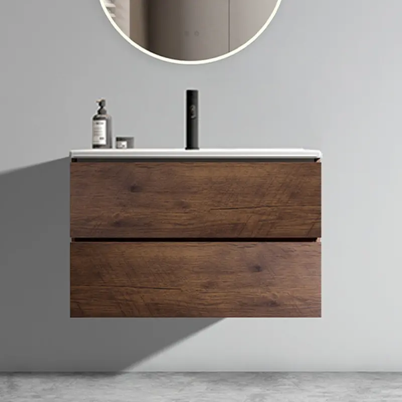 Wall Mount 30" Walnut Bathroom Vanity with Ceramic Sink with Single hole, Large Storage Floating Bathroom Vanity for Modern Bathroom, One-Piece Sink Basin without Drain, Pre-assembled