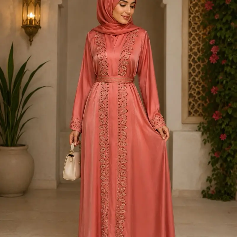 Women's Islamic Modest Fashion #37 Dubai Luxury 1-Piece V-Neck Long Sleeve Beading Abaya with Matching Hijab, Cute Design, Hijabi Fashion