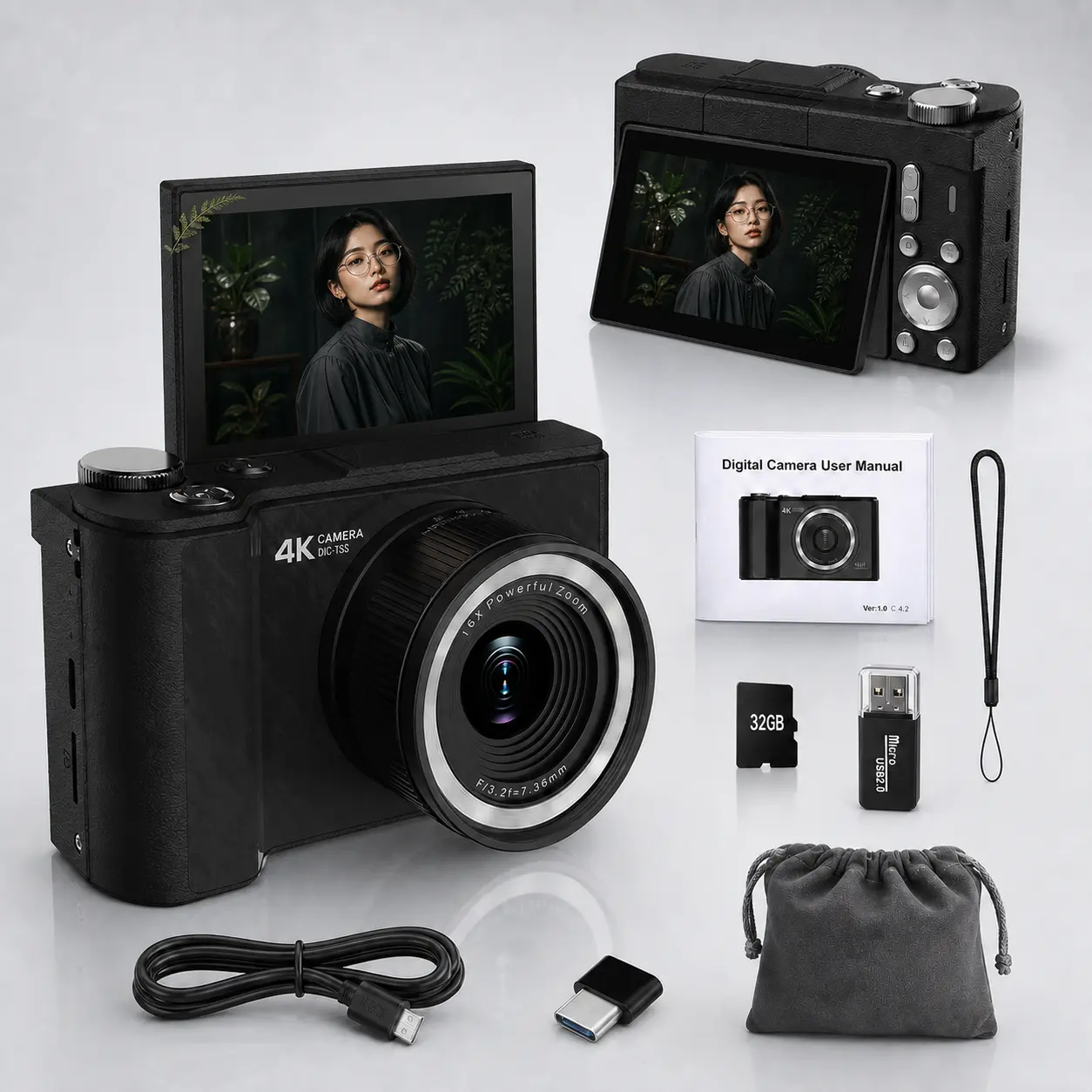 2026 Vlogging Camera with 180° Flip Screen, Digital Camera for Photography, Fill Light, 16X Digital Zoom and 32GB Card, Easy Point and Shoot Camera for Students and Young Women, Back to School Gift Idea