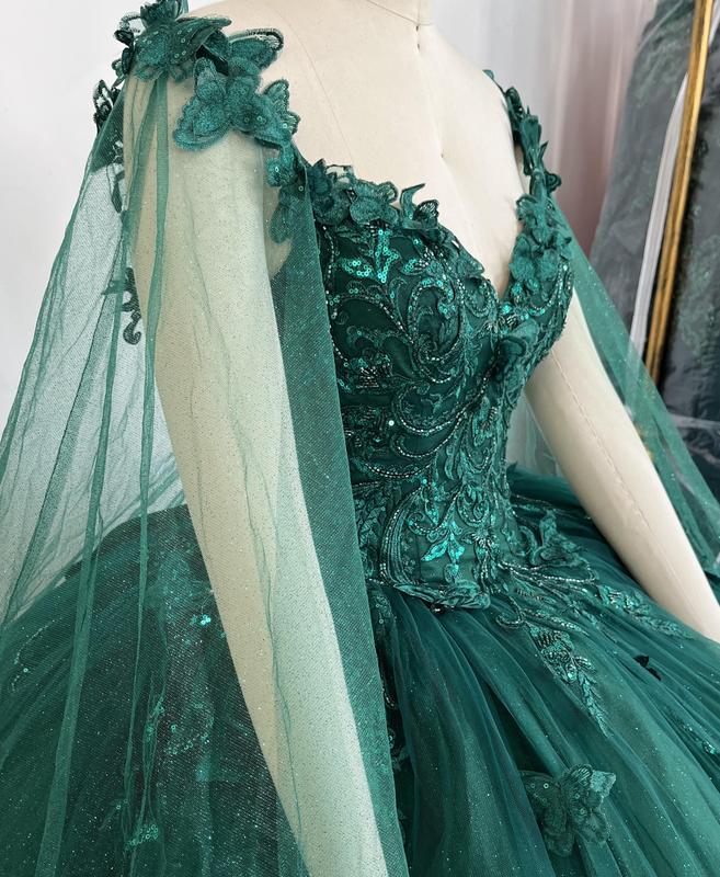 NO.41 Flowers and Metallic Lace Sparkle Tulle Quinceañera Dress With a cape bodycon party plain mature blue dress quince sequin dress Formal Womenswear party maxi