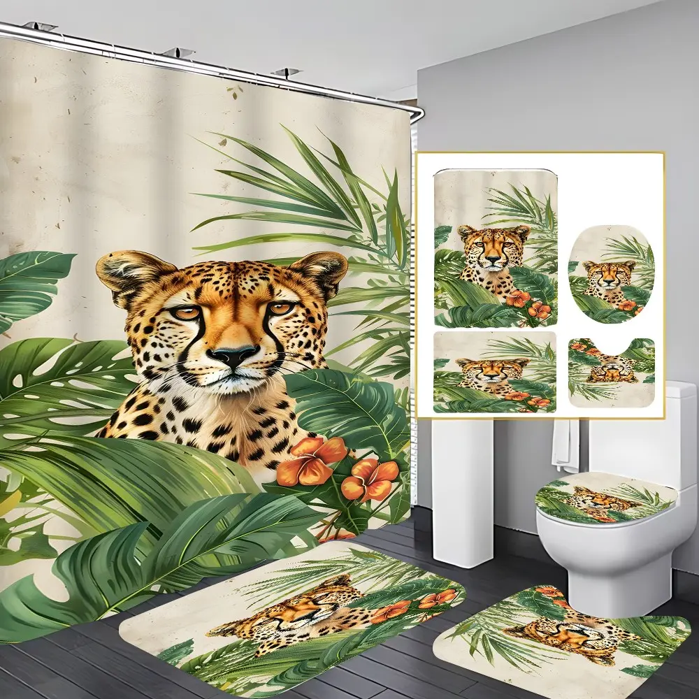 4 Pcs Tropical Cheetah Bathroom Curtain Set with 12 Hooks, Waterproof Thickened Mildew-Proof Shower Curtain, Non-Slip Bath Rugs, Toilet Lid Cover and U Shape Mat, Jungle Animal Safari Home Decor