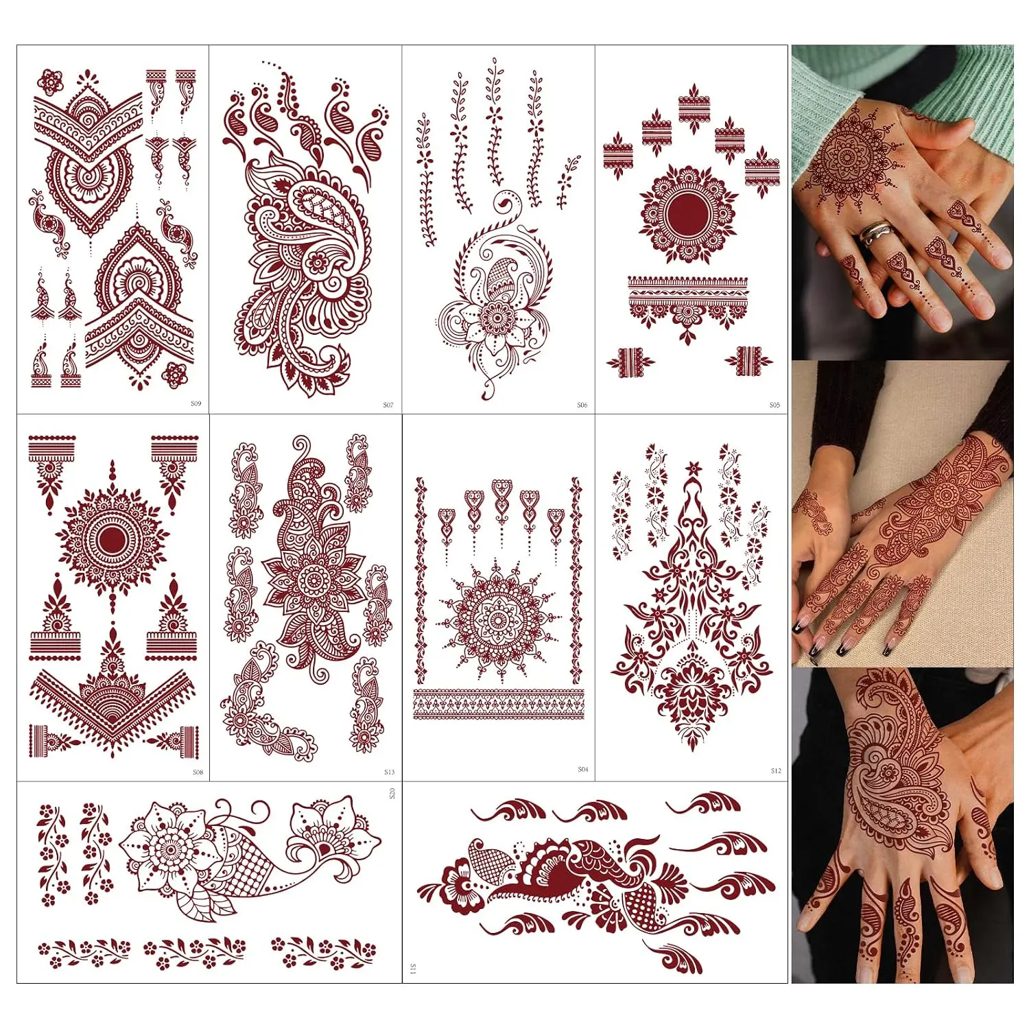 10 Sheets Brown Henna Tattoo Kit, Lace Fake Tattoos Semi Permanent Tattoo Stickers Waterproof Henna Tattoo Stickers for Women Wedding Party Festival Tattoos Decorations