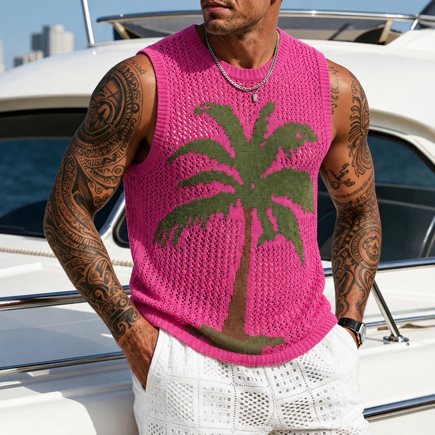 Men's H-Type Round Neck Open-Knit Palm Tree Tank Top - Sleeveless Knit Sweater Vest, Tropical Graphic Summer Top for Beach, Vacation Wear