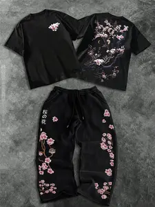 New Traditional Chinese Style Cherry Blossom Embroidery Set, Men's Loose Fit Short Sleeve T-Shirt + Wide Leg Sweatpants, Japanese Aesthetic Fashion