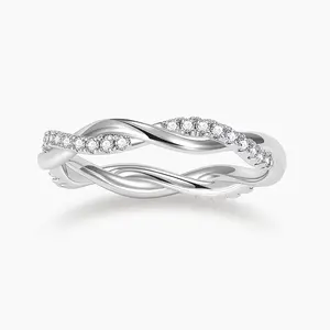EAMTI 925 Sterling Silver Cubic Zirconia Woven Twisted Rope Full Eternity Stackable Ring Wedding Bands for Women