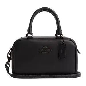 Coach Satchel 19 Monogram Leather Bowling Bag for Women, Small, Crossbody and Shoulder Handbag, Black