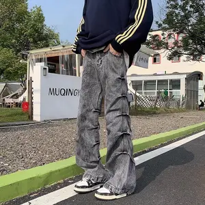 High Street Retro Distress Waste Soil Wind Washed Jeans Wrinkled And Slightly Flared Loose Jeans Men'S Wide Leg Pants Trendy Pants