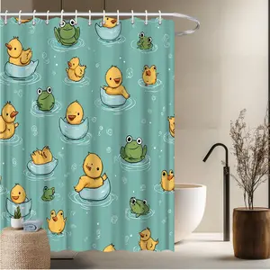 1pcs Animal Theme Bath Curtain-2D Duck and Frog Bubble Water Scene Print Fun Home Window Curtains Bathroom Decor Bathtub Decor 70.8x70.8 inches