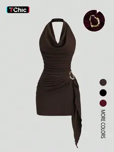 Women's Fashion Slim Solid Color Halter Neck Dress, Casual Office Wear, Elegant Backless Design, Perfect for Daily Use, Stylish and Comfortable