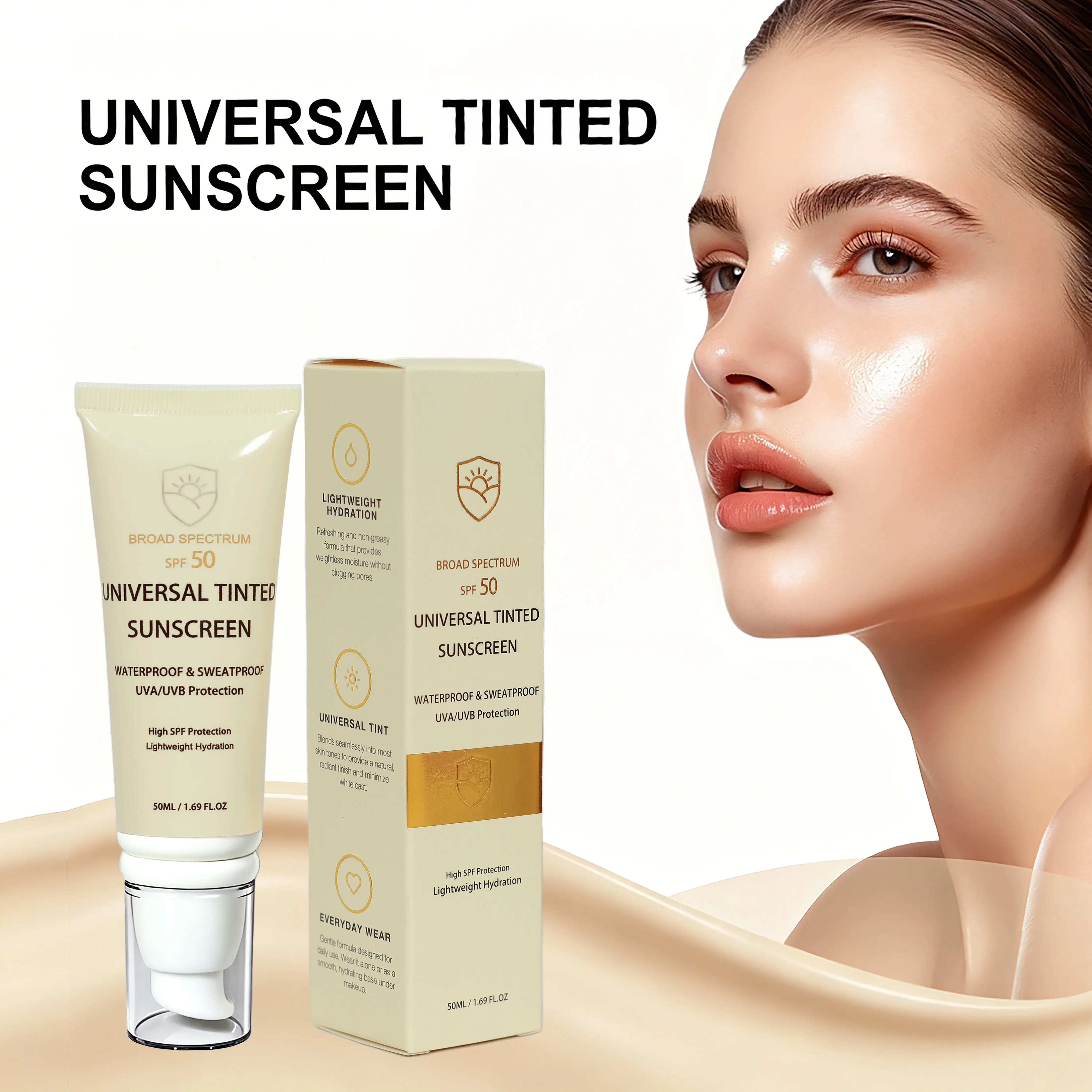 Universal Tinted Facial Sunscreen SPF 50 - Waterproof, Sweatproof, Oil-Free, No White Cast, Multitasking Base, Lightweight Hydrating Daily Face Sunscreen (1.69 fl.oz)