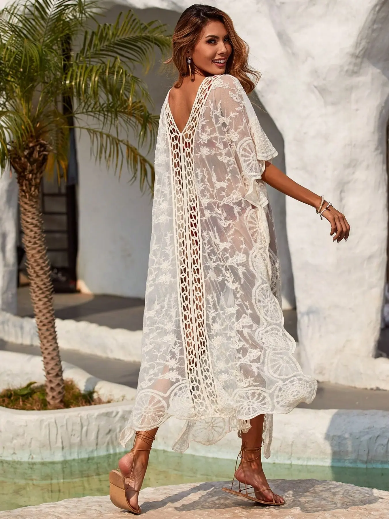 Boho Style Women's Cover-Up Swimsuit, Hollow Knitted Lace Embroidery, V-Neck Long Design, Beach Vacation Casual, Swimwear Cover Up, Sheer Cover Up, Swimwear Coverups