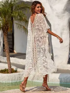 Boho Style Women's Cover-Up Swimsuit, Hollow Knitted Lace Embroidery, V-Neck Long Design, Beach Vacation Casual, Sheer Cover Up