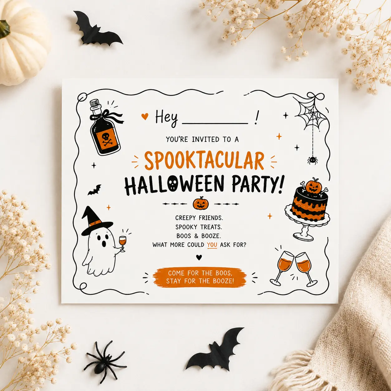 Halloween Party Invitation Card - 5x7 in Folded Office Stationery with Ghost, Pumpkin, Potion Designs, Crisp Details, Premium Paper, Vibrant Print, and Kraft Envelope, Folded Invite