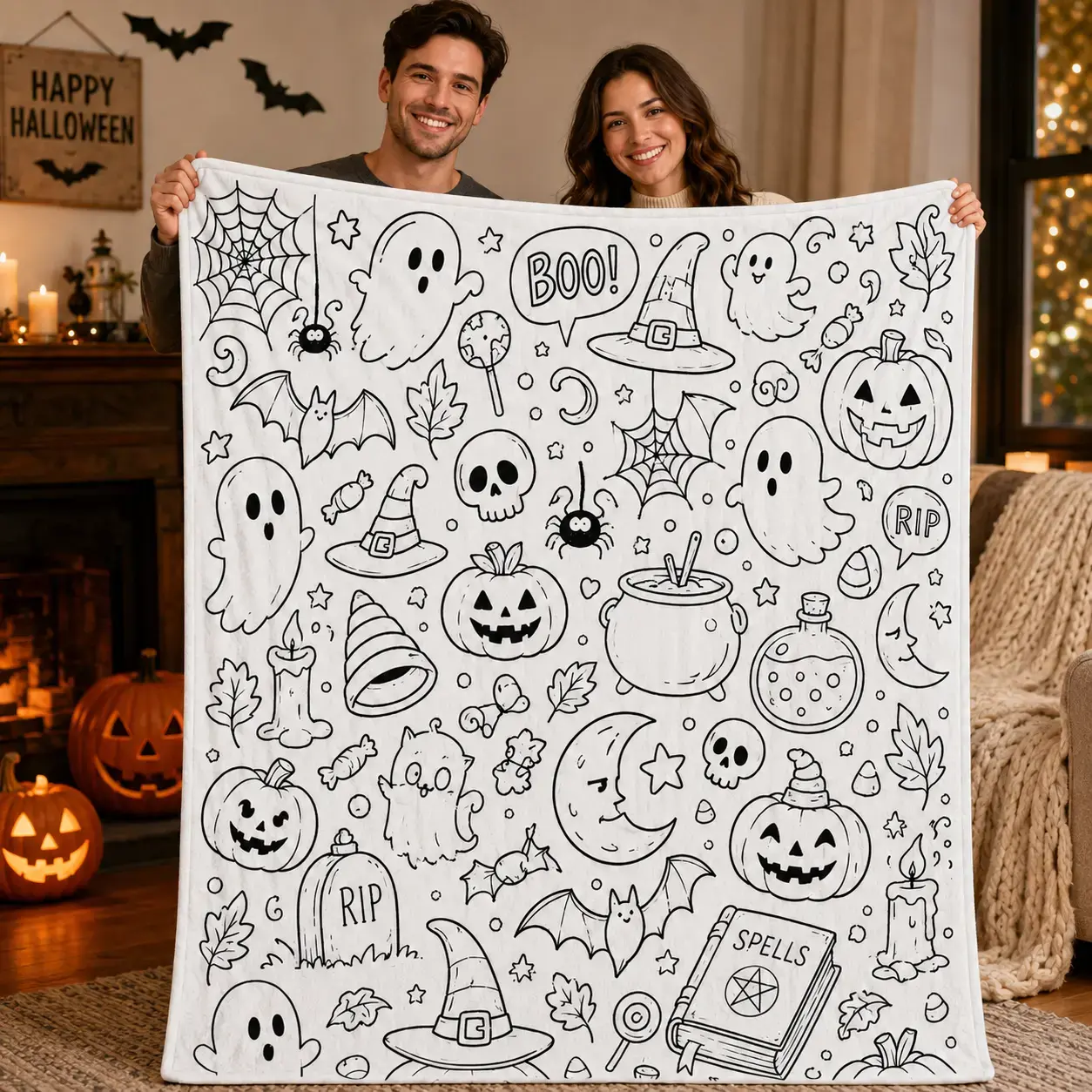 Halloween DIY Coloring Throw Blanket, Soft Flannel Ghost Pumpkin Witch Hat And Bat Doodle Print For Kids Bedroom Family Lounge Decor, Creative Color Your Own Bed Throw For Movie Night, Halloween Gift For Children And Families