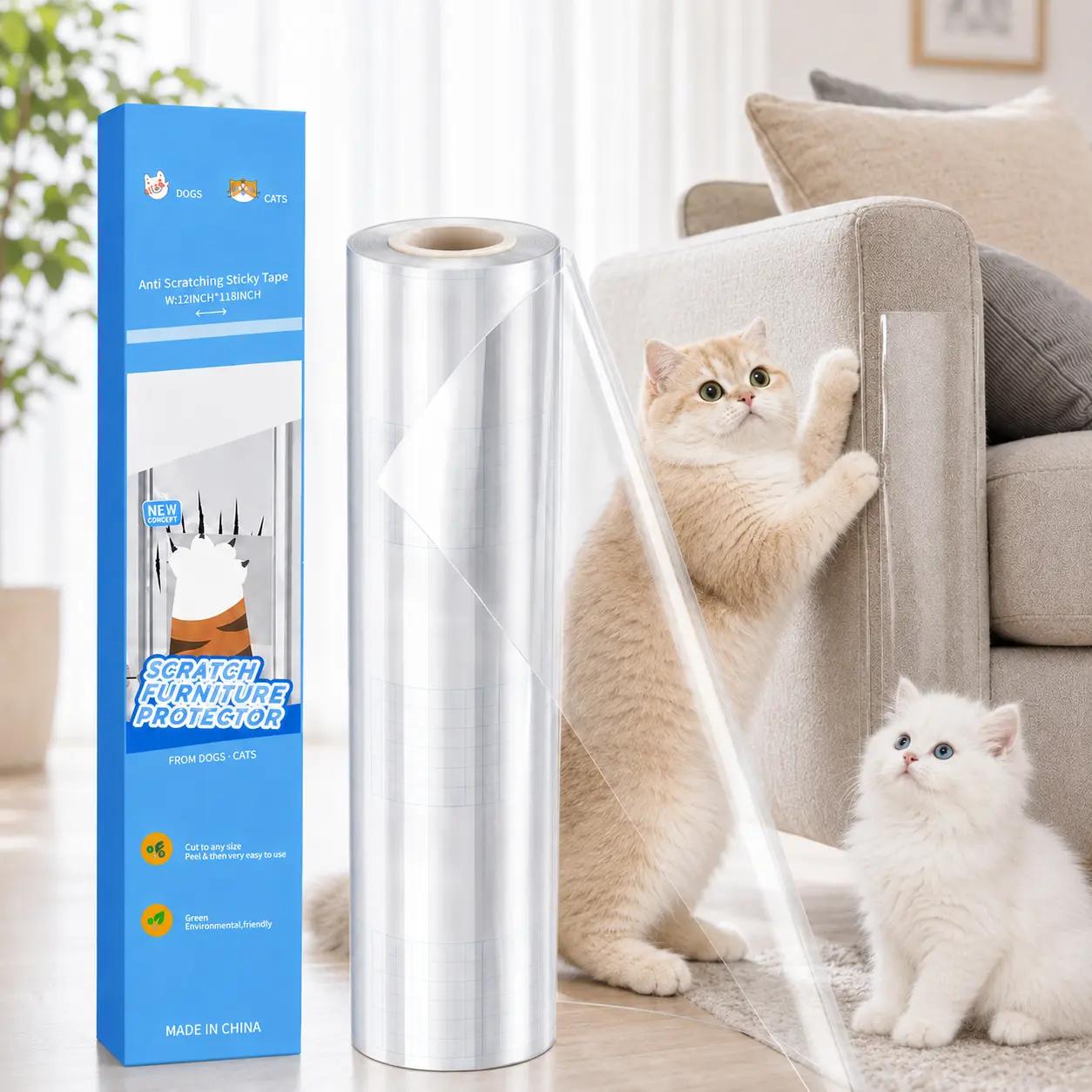 AISOON 118"x12" Cat Scratch Furniture Protector Tape, Self-Adhesive Clear Couch Protector from Cat Claws - Heavy Duty Anti-Scratch Deterrent Shield for Sofa, Walls, Doors, Beds and Tables
