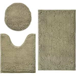 Bathroom Rugs Chenille Bath mat 3 Piece Set, Super Absorbent, Strong PVC Non Slip Underside, Bath mats for Bathroom, Plush Shaggy, Thick, Machine Washable, Bathtub, Toilet, Warm Grey