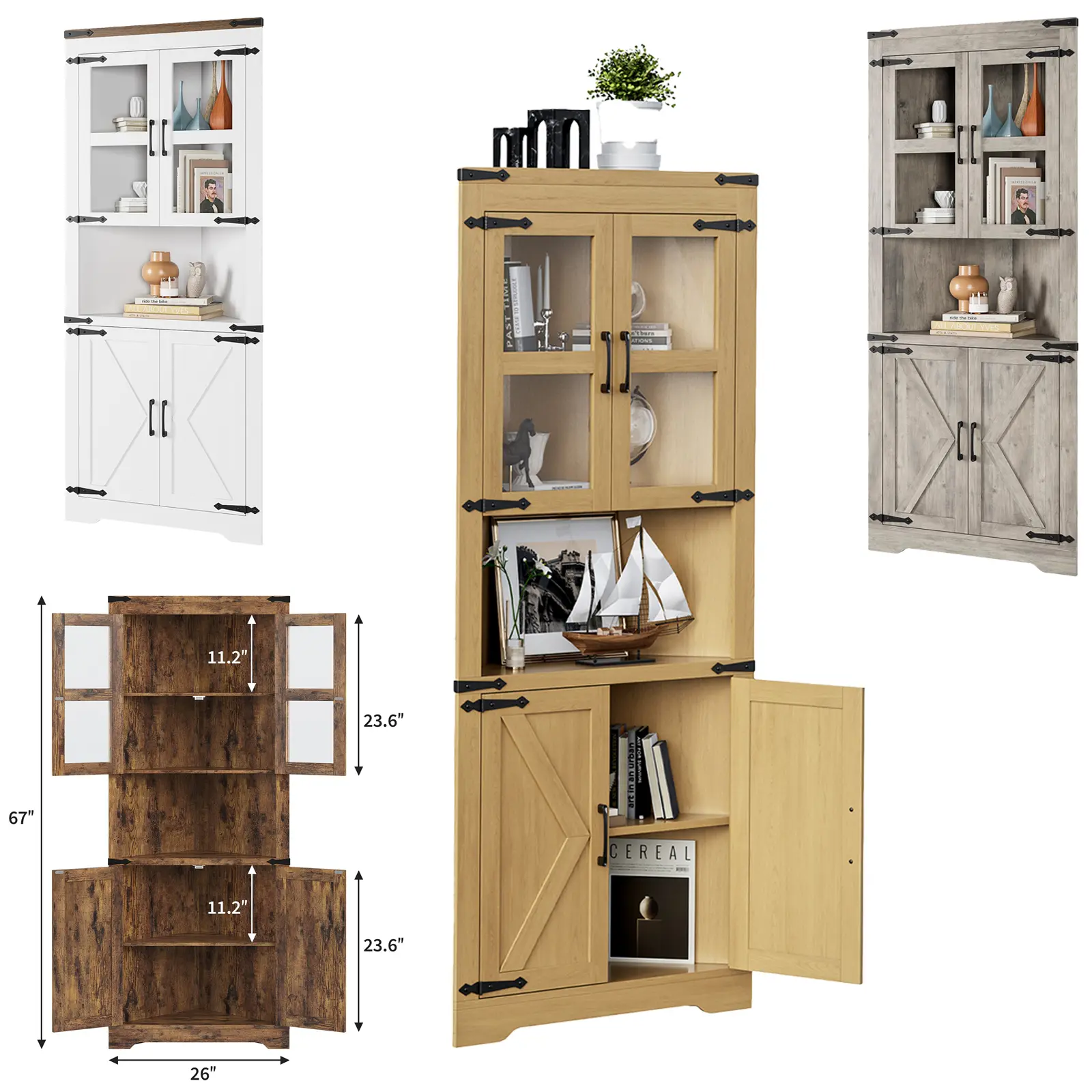 Garvee Upgraded-Tall Corner Storage Cabinet with Glass Door, 6-Tier Adjustable Shelves, Space Saving, Modern Farmhouse Hutch, for Living Room, Kitchen, Bathroom, Hallway