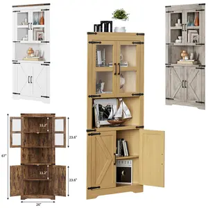 Garvee Upgraded Tall Corner Storage Cabinet with Glass Door, 6-Tier Adjustable Shelves, Space Saving, Modern Farmhouse Hutch, for Living Room, Kitchen, Bathroom, Hallway