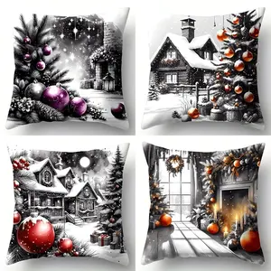 4pcs,  Christmas Throw Pillow Covers, Christmas Tree Decoration Ball Dark Deep Elegant Black, Fireplace House Home Pillowcase, Suitable for Home Sofa Decoration Home Living Room Bedroom, Single Sided Printing, No Pillow Core