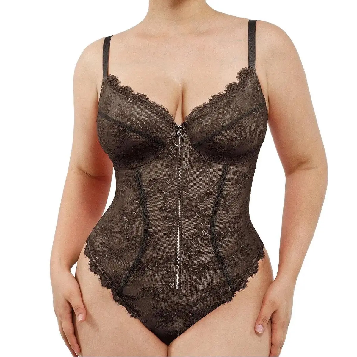 Shapellx Lace Glamour Flawless Zip Front Thong Bodysuit Womenswear Sleeveless Flexible Shoulder Band Nylon Tops Underwear