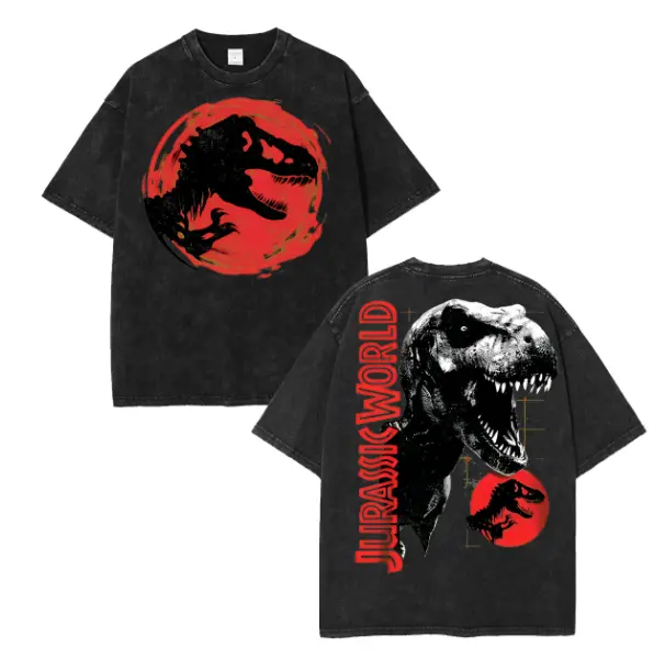 Men's Jurassic World T-Rex Dinosaur Red Moon Vintage Graphic Heavyweight Oversized Washed Distressed Short-Sleeve Casual T-Shirt - Minimalist Vibe, Grid Print, Premium Fabric, Retro, Soft, Streetwear, Tops, Tee, Cotton, Distress Fade, Front Graphic, Heavy