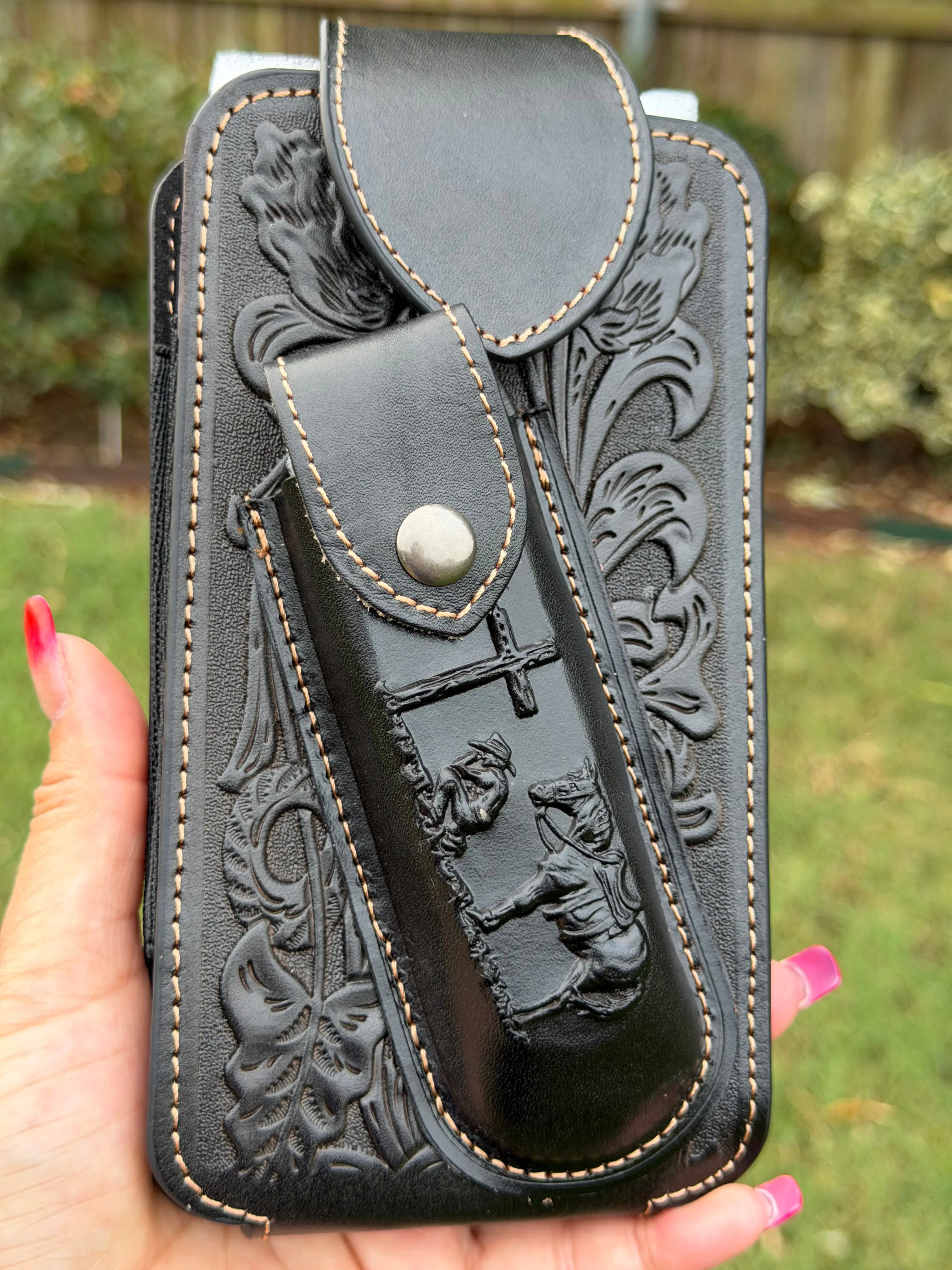 Black Genuine Leather Cell Phone and Knife Holster Pouch