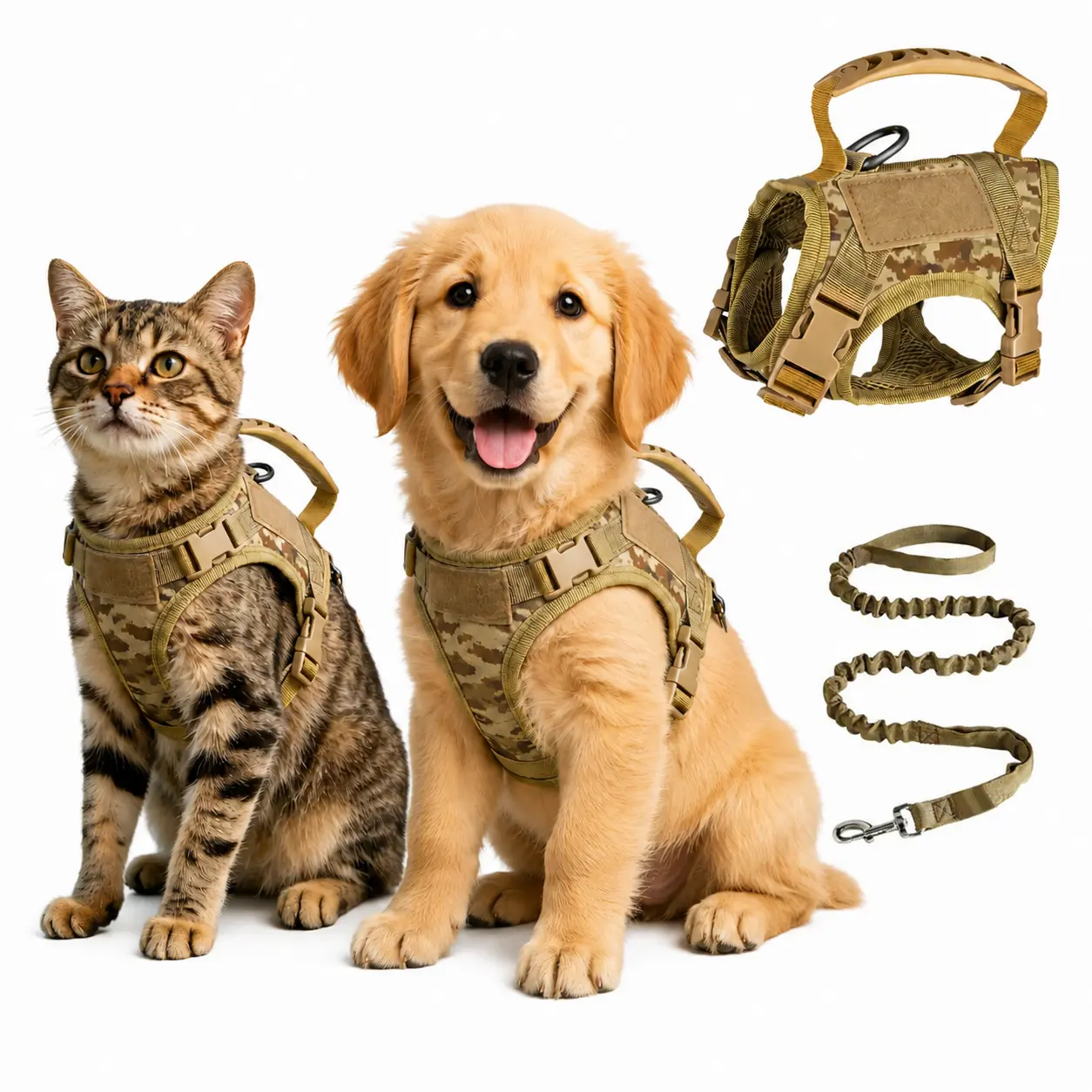 Harness for Big Cat,Weight 11+Pounds,Small Dog Harness with Leash,Tactical,with Patch Area, Soft Mesh Padding and Rubber Handle for Effortless Control